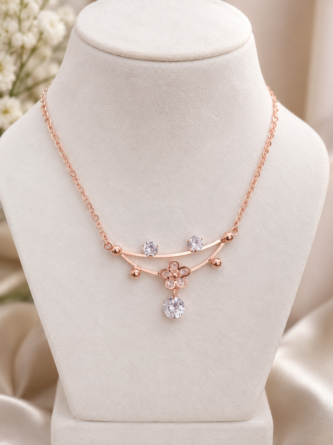 Rose Gold half round flowerHeart Pendant Necklace