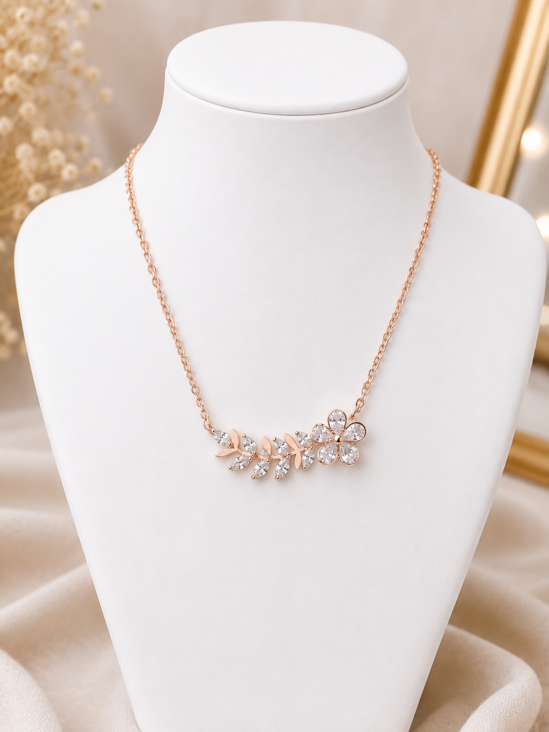 Rose Gold diamond flower Pendant Necklace