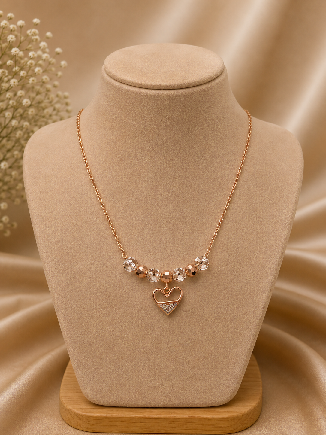 Rose Gold round diamond Heart Pendant Necklace