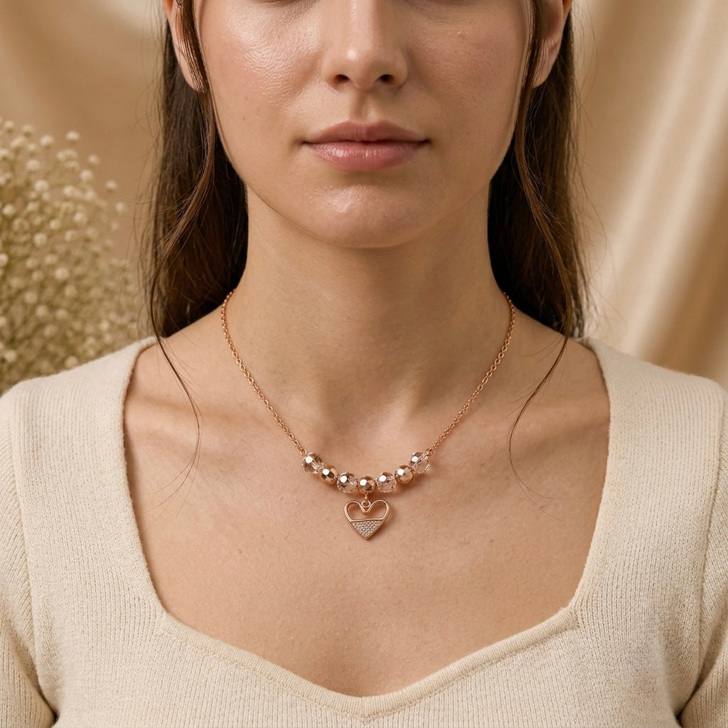 Rose Gold round diamond Heart Pendant Necklace