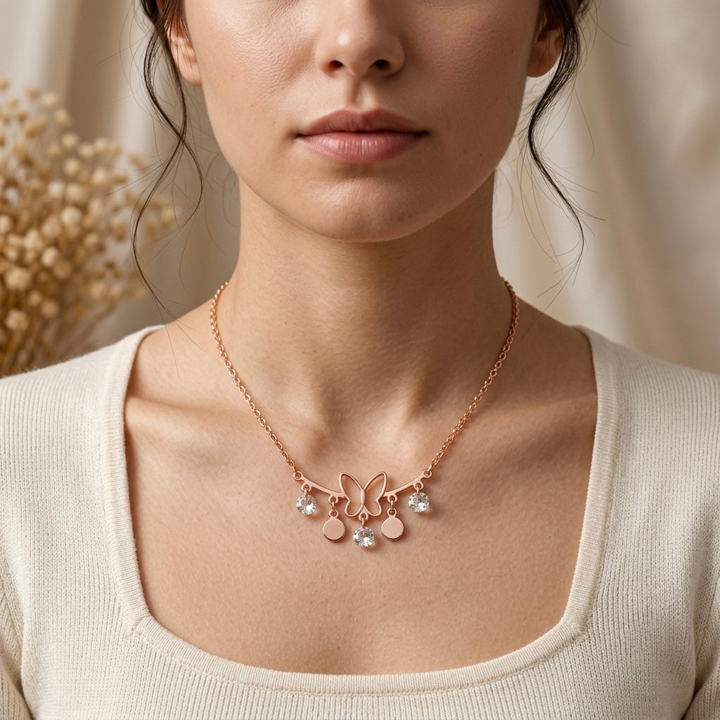 Rose Gold butterfly Heart Pendant Necklace