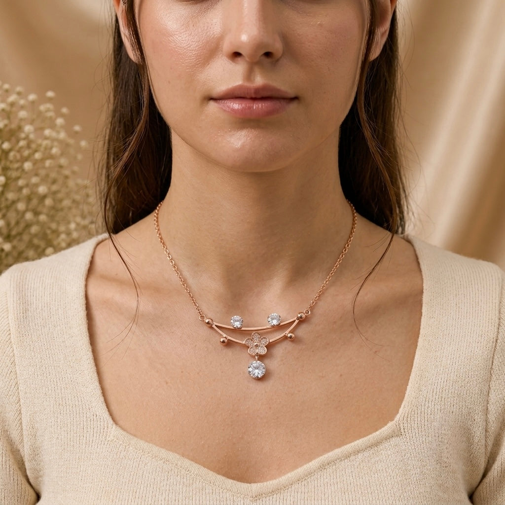 Rose Gold half round flowerHeart Pendant Necklace