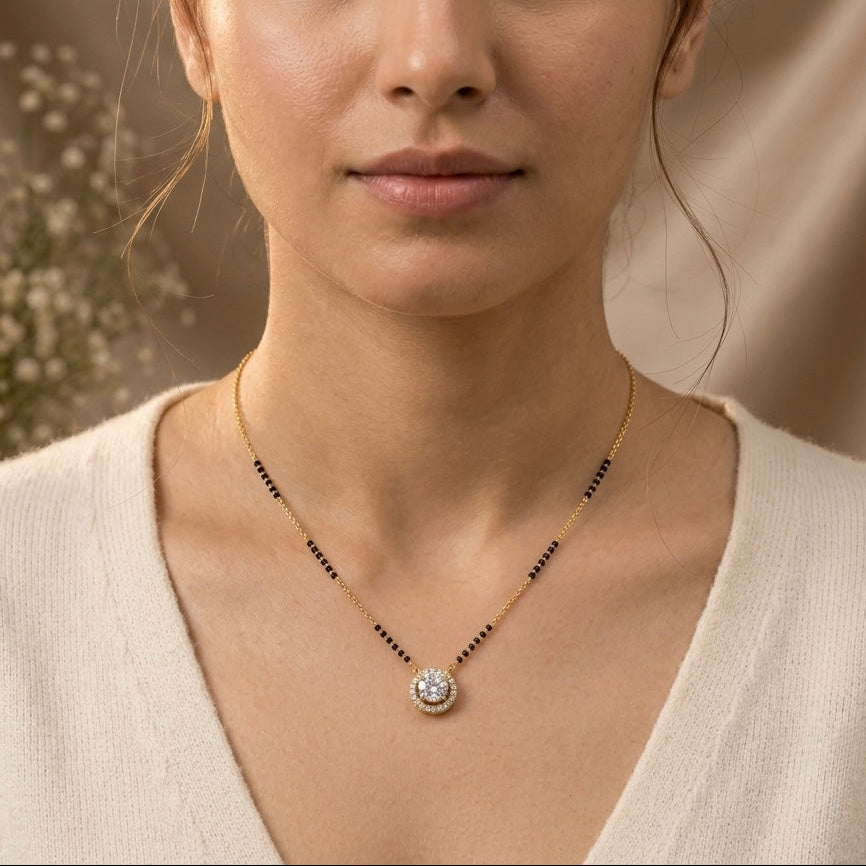 Gold & Black Round Halo Pendant Mangalsutra