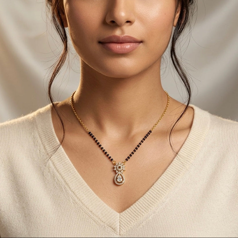 Gold & Black Round leaf Pendant Mangalsutra